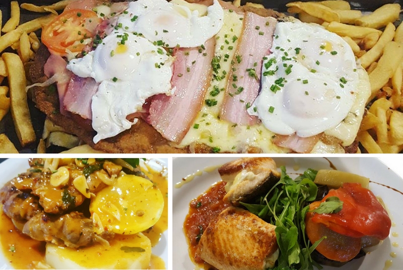 Arriba, la tradicional milanesa con papas fritas. Abajo, mollejas a la vasca con limón, vinagre de ajo y pimentón con papas al natural. Salmón caprese relleno de queso de bufala y tomates secos con rucula y pimientos asados.
