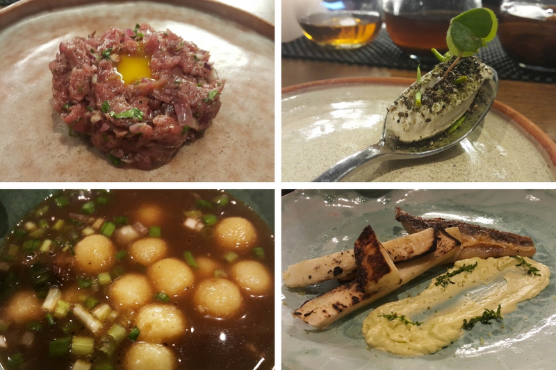 Arriba, a la izquierda un tartar a caballo, a su derecha una crema de hongos. Abajo un vori kaburé con hongos shitake y a la derecha files de mandi´i con una crema de pomelo.