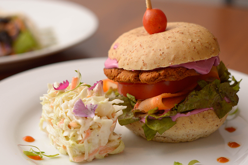 Hamburguesa de garbanzos, con tomates secos, zanahoria, rabanito, albahaca, lechuga morada veganesa de sesa rosa, acompañada de una ensalada coleslaw.