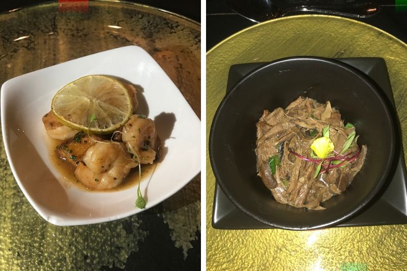A la derecha, camarones al limón y miel. A la derecha, un pato confitado con ragú de hongos.